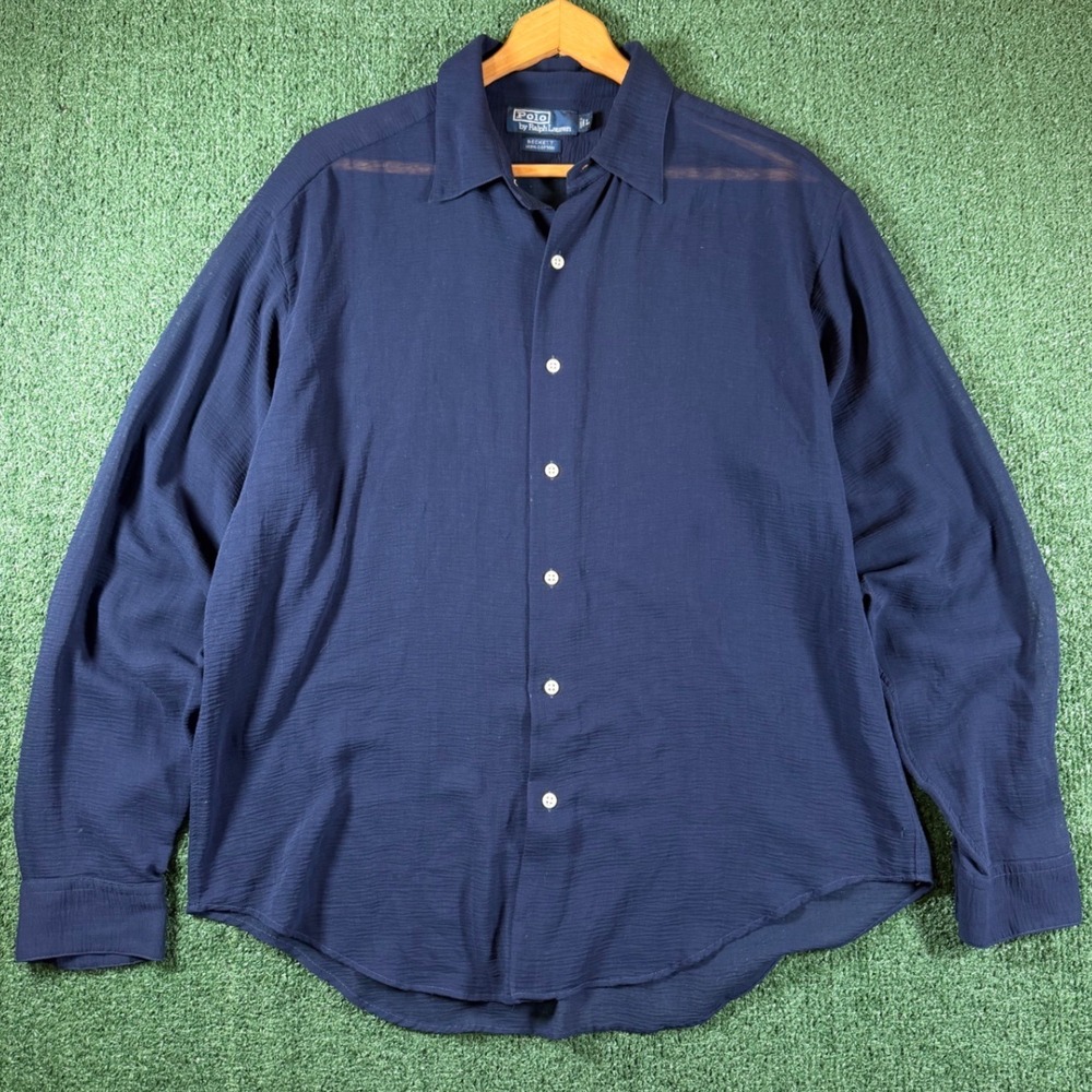 Polo Ralph Lauren Beckett Shirt Mens L Navy Blue Good Cotton Crinkle Gauze